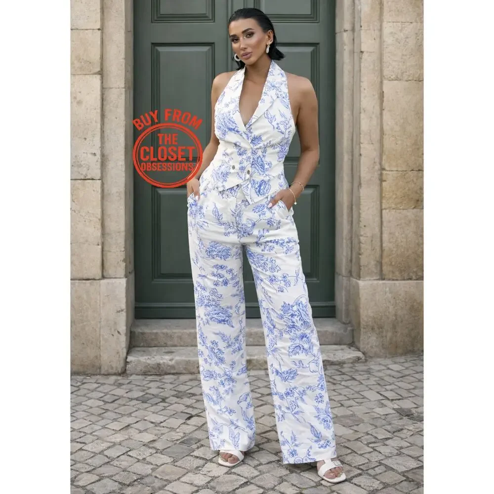 Mango NWT Blue White Linen Blend Halter Vest Wide Leg Pants Set L